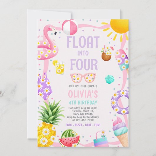 「FLOAT into FOUR」ガールズプールパーティー誕生日招待状 招待状 (正面)