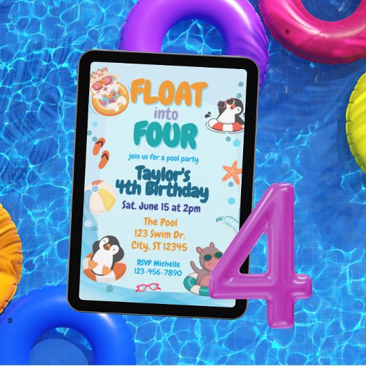 Float into Four, Pool Animals 4th Birthday 招待状