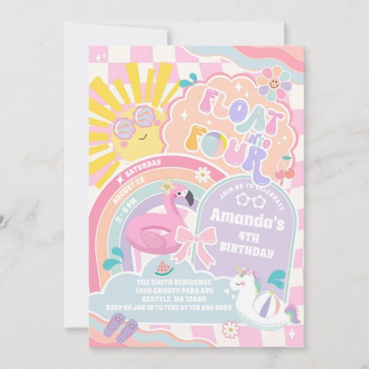 Float Into Four Pool Party Rainbow 4th Birthday 招待状 (正面)