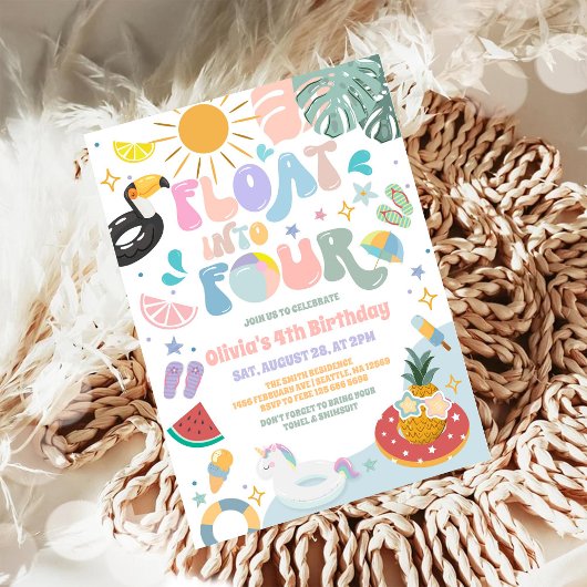 Float Into Four Pool Party Summer 4th Birthday 招待状