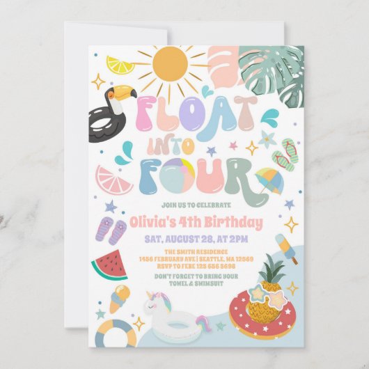 Float Into Four Pool Party Summer 4th Birthday 招待状 (正面)