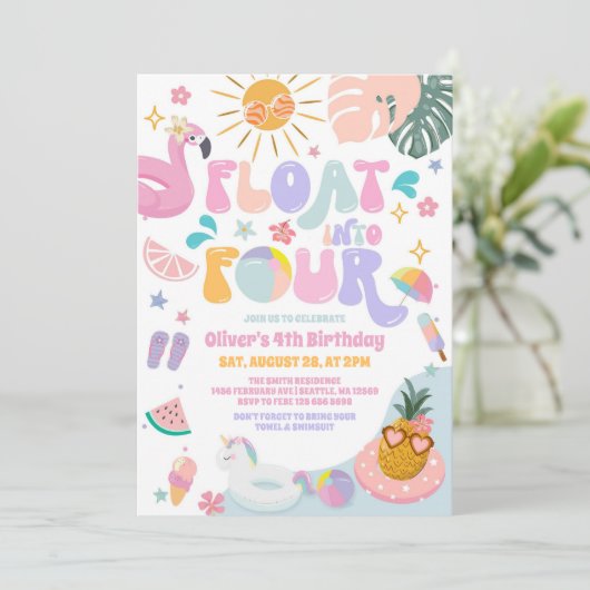 Float Into Four Pool Party Summer 4th Birthday 招待状 (スタンド正面)