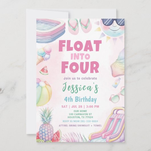 Float Into Four - Summer Girl Birthday Party 招待状 (正面)