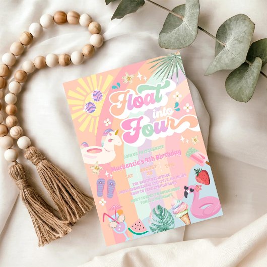 Float Into Four Summer Rainbow Sun 4th Birthday  招待状