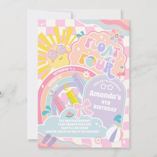 Float Into Four Sun Rainbow Disco 4th Birthday 招待状 (正面)