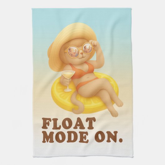 Float Mode On: Summer Cat Lemon Pool Party Art キッチンタオル (縦)