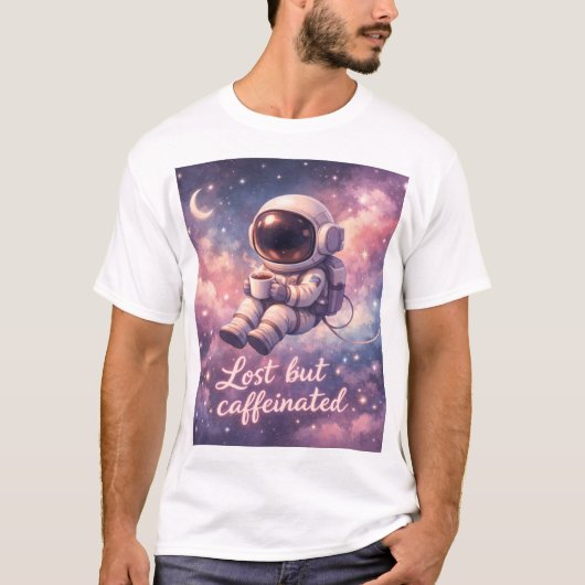 Floating Astronaut Coffee Lover Funny Space Tシャツ (正面)