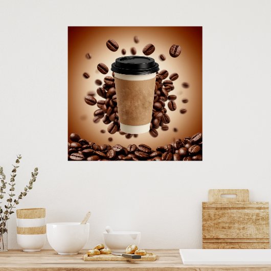 Floating Coffee Cup With Coffee Beans ポスター (キッチン)