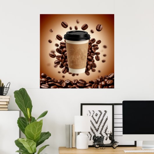 Floating Coffee Cup With Coffee Beans ポスター (ホームオフィス)