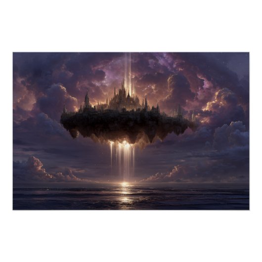 Floating Fantasy Castle Cloud Beams Glow ポスター (正面)
