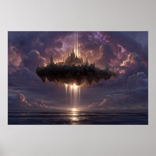 Floating Fantasy Castle Cloud Beams Glow ポスター (正面)