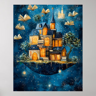 Floating House of Books Fantasy Art Poster ポスター