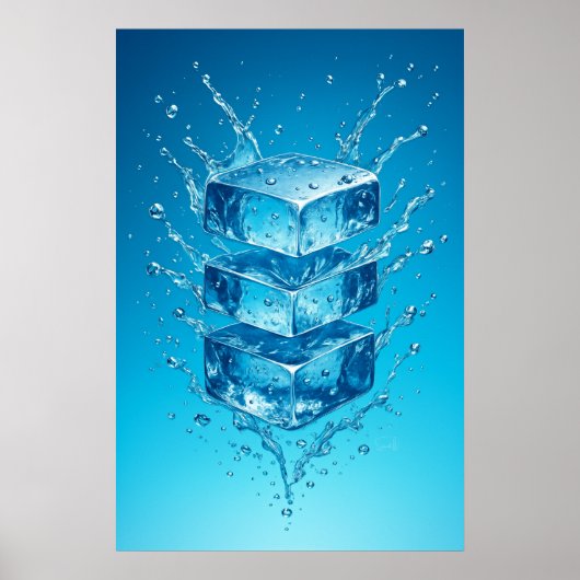 Floating Ice Cube Splash – Dynamic Digital Art ポスター (正面)