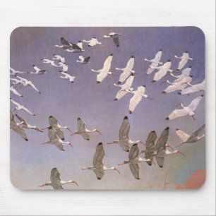 Flock of Ibis Flying Over Wetlands, Vintage Birds マウスパッド