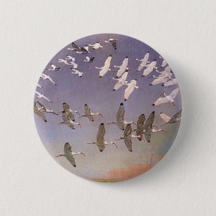 Flock of Ibis Flying Over Wetlands, Vintage Birds 缶バッジ