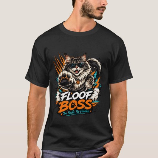 Floof Boss 面白い ふわふわ猫 Tシャツ | お洒落なサングラス (正面)