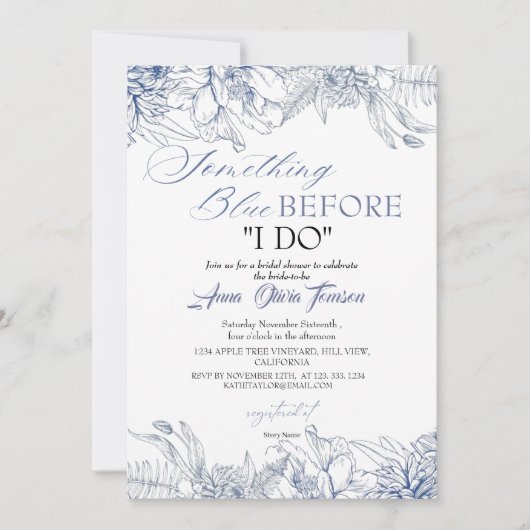 Flora Something Blue Before I DO Bridal Shower 招待状 (正面)