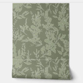 Flora textured wallpaper in olive green  壁紙 (ほどく)