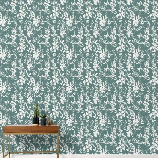 Flora wallpaper in teal and white  壁紙 (廊下)