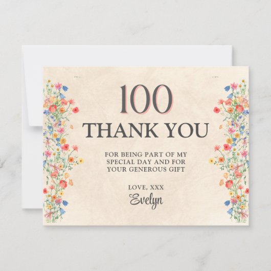 Floral 100th Birthday – Elegant Wildflower サンキューカード (正面)