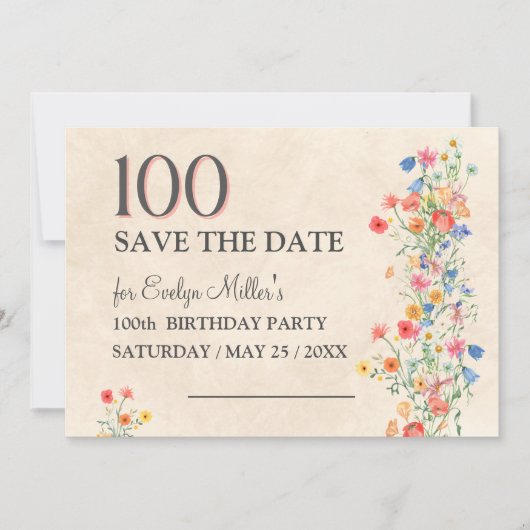 Floral 100th Birthday – Elegant Wildflowers セーブザデート (正面)