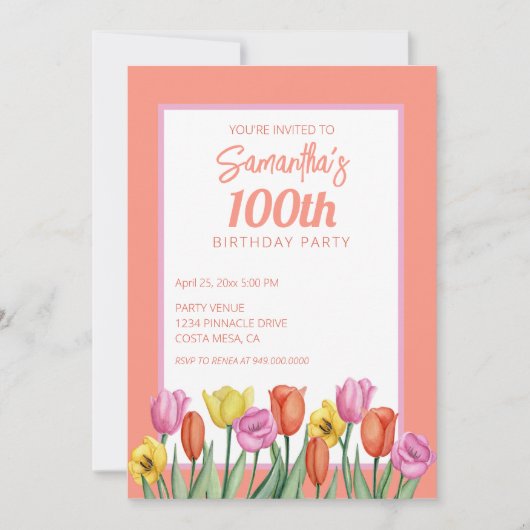 Floral 100th Birthday Party 招待状 (正面)