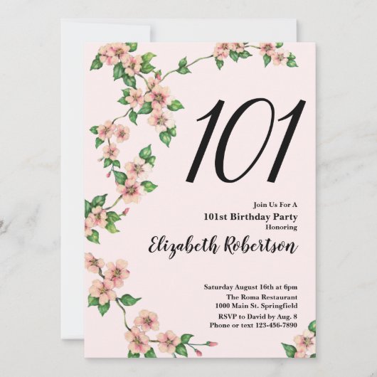 Floral 101st Birthday Invitation in Blush Pink 招待状 (正面)