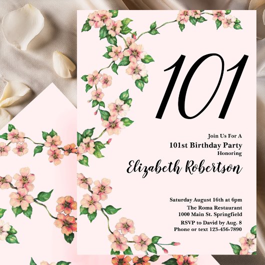 Floral 101st Birthday Invitation in Blush Pink 招待状