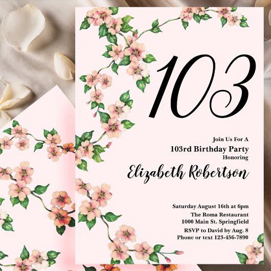 Floral 103rd Birthday Invitation in Blush Pink 招待状