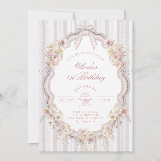 Floral 1st Birthday Bow Photo Invitation 招待状 (正面)