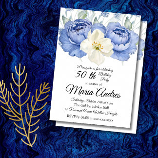 Floral 50th Birthday Elegant Watercolor white blue 招待状