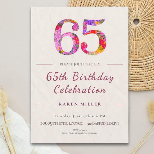 Floral 65th Birthday - Elegant Celebration 招待状