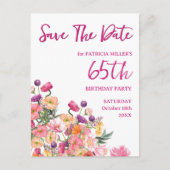 Floral 65th Birthday Save the Date - 65 Elegant 案内ポストカード (正面)