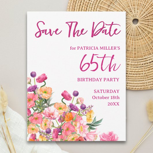 Floral 65th Birthday Save the Date - 65 Elegant 案内ポストカード