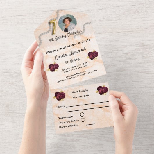 Floral 70th Birthday Celebration Gold Foil Balloon オールインワン招待状 (貼ってはがせる)