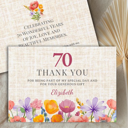 Floral 70th Birthday - Elegant Garden Party Thanks サンキューカード