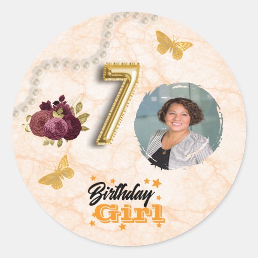 Floral 70th Birthday & Gold Foil Balloon & Pearls ラウンドシール (正面)