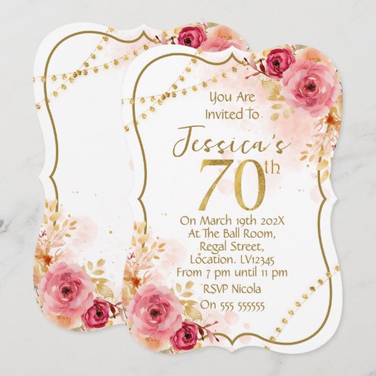 Floral 70th Birthday Invitation 招待状 (正面/裏面)