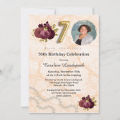 Floral 70th Birthday Party & Gold Foil Balloon 招待状 (正面)