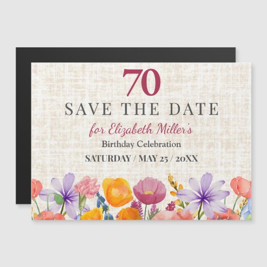 Floral 70th Save the Date - Garden Party マグネット招待状 (正面/裏面)