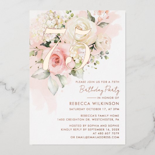 Floral 75th Birthday Party 箔招待状 (正面)