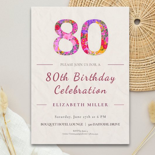 Floral 80th Birthday - Elegant Celebration 招待状