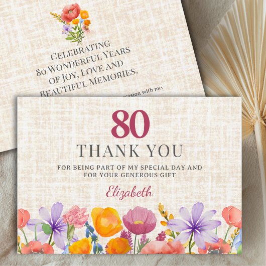 Floral 80th Birthday - Elegant Garden Party サンキューカード