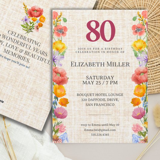 Floral 80th Birthday Party - Elegant Garden 招待状
