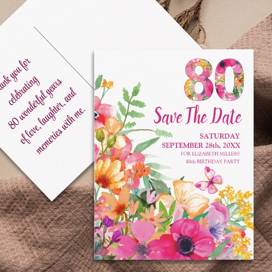 Floral 80th Birthday Save The Date - Chic 80 Years 案内ポストカード