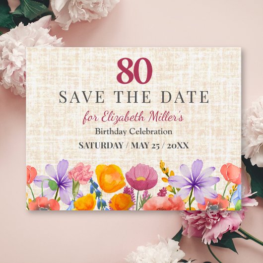 Floral 80th Birthday Save the Date - Garden Party 招待状