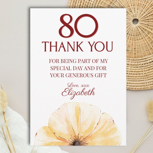 Floral 80th Birthday Thanks - Elegant Yellow Bloom サンキューカード