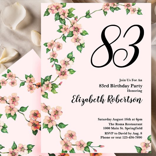 Floral 83rd Birthday Invitation in Blush Pink 招待状