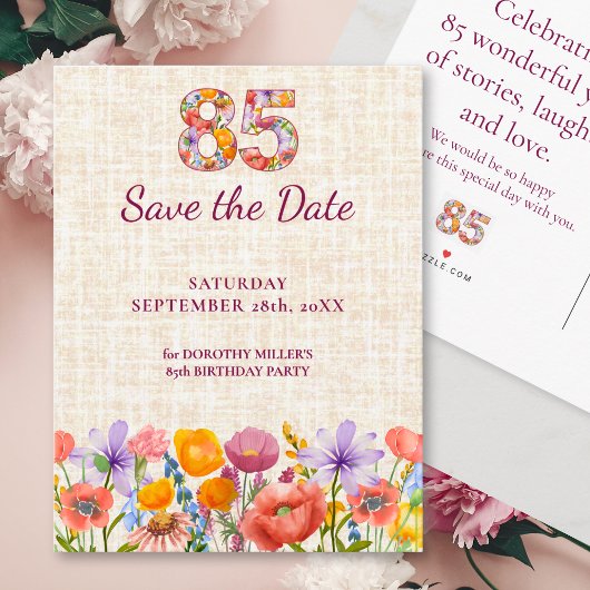 Floral 85th Birthday - 85 Elegant Save the Date 案内ポストカード
