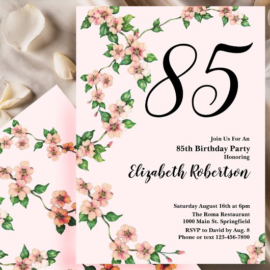 Floral 85th Birthday Invitation in Blush Pink 招待状